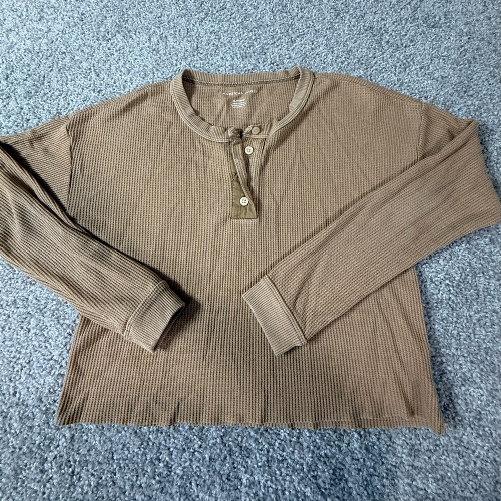 American Eagle Long Sleeve Thermal Cropped Oatmeal Waffle Knit Henley – XS